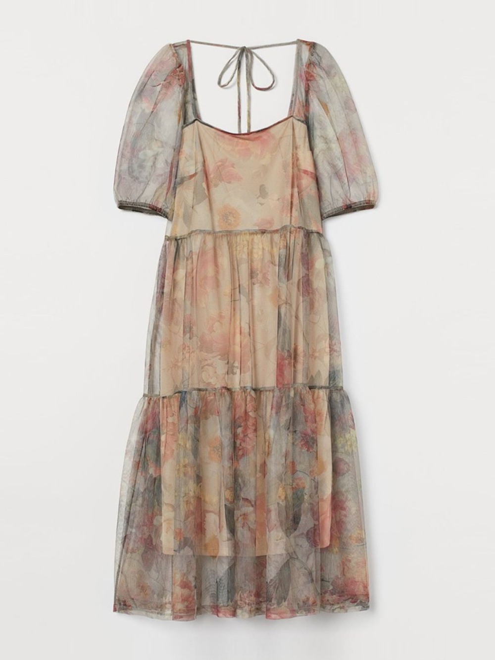 Watercolor Floral Sheer Fairycore Dress Ethereal Whimsical Puff Sleeve Feminine